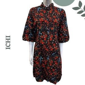 ICHI IHKalo Floral Puff Sleeve Shirt Dress - Black Red Orange Size 38 (US 6 )